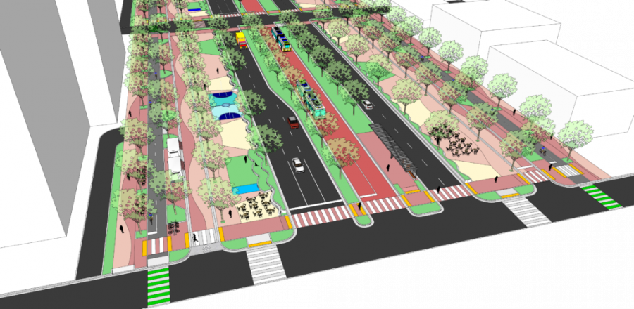 A cross section showing a possible Twin Cities Boulevard configuration in the Seward neighborhood of Minneapolis. Courtesy of Our Streets Minneapolis.