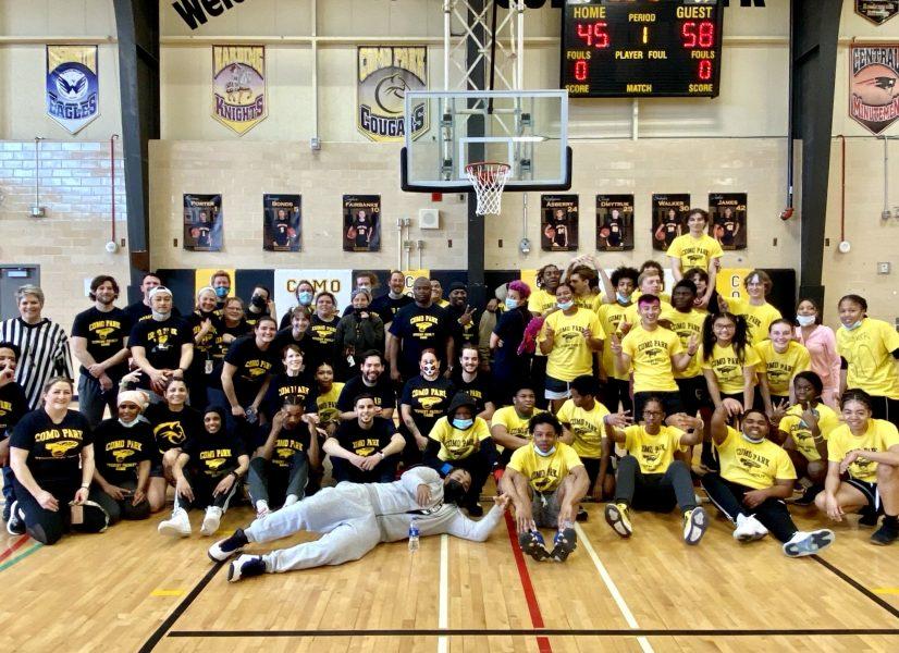 Besides the success of Cougar teams this year, there was joy in the gym when the annual “Seniors vs. Staff”
basketball game was held for the first time since the pandemic began. The seniors are in the gold uniforms,
staff members are in black. Photo by Eric Erickson.