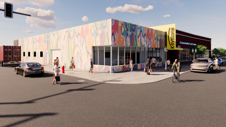 1800 University Ave. W. (top photo) as it currently stands and the preliminary design (second and third images) for the new Keystone Community Food Center. Renderings produced by 4RM+ULA Architects.