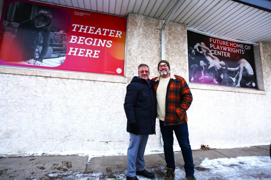 Robert Chelimsky (left), managing director of the Playwrights’ Center, and Jeremy Cohen (right), the Center’s producing artistic director, stand in front of their group’s future home in south St. Anthony Park. Photo by Lou Michaels. 