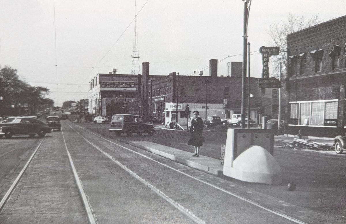 Looking west down University Avenue in the late 1940s (note the KSTP tower in the background): These commercial buildings stood on the north side of the Cromwell intersection. The “woody” station wagon is going north onto Cromwell. The white cab beyond it is turning north onto Eustis. The buildings in between were destroyed to build Hwy. 280. By 1950, the Peter Schwartz restaurant was on the north side of University between Eustis and Cromwell, possibly in the light-colored building with the DI-METTE sign.