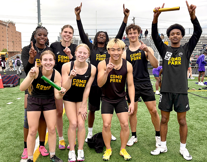 Como’s 4 x 100 relay teams thrilled fans as both the girls and boys raced to the conference championship. Front Row L to R: Sofia Mortensen, Molly Zbacnik, Rocket Her. Back Row L to R: Kenia Arnold, Aletha Keizer, James Johnson, Tate Prinsen, Jermani Maise-Sparkman.